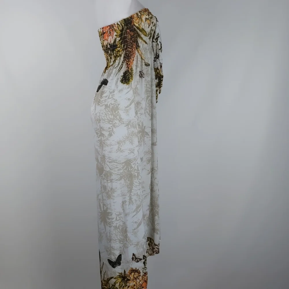 Women's Dress Size Med Cream Orange Butterflies Shirring Maxi High Low Hem Bow - Picture 10 of 10